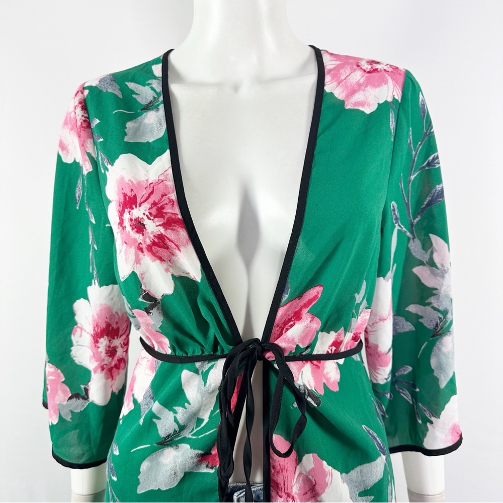 Lulus Green Floral Kimono Topper Size S/M Summer Classic Vacation Beach Casual - Picture 3 of 12